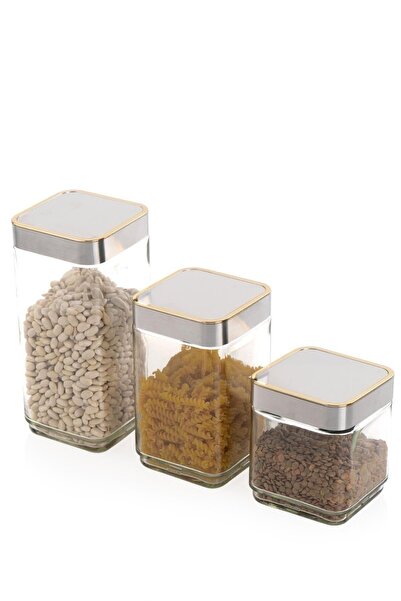 ACAR Alya Gümüş Kapak 3 Lü Kare Cam Kavanoz Baharat Takımı 11123