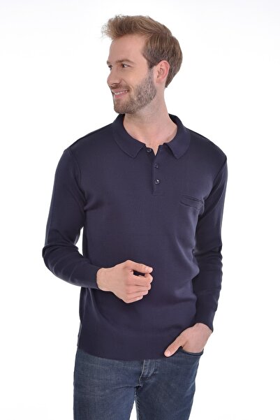 Çizgi Triko Чоловічий трикотажний чорний светр з коміром-поло, кишенями та еластичними манжетами, трикотажний