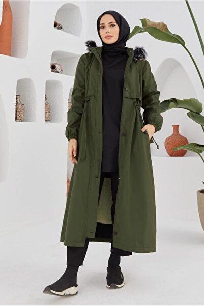 TRENDTESETTÜR WOMEN'S KHAKI BELTED HOODED MANTO 5013