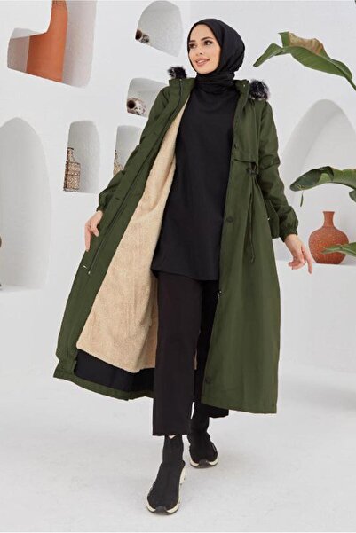 TRENDTESETTÜR WOMEN'S KHAKI BELTED HOODED MANTO 5013