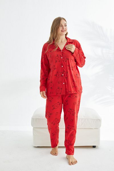 Siyah İnci Red cat patterned Curve Plus Size Oversize Buttoned Cotton Pajama Set