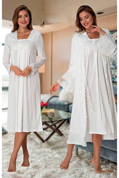 BLACKMORE Women's Ecru Stylish Lace Detailed Maternity Maternity Nightgown an...