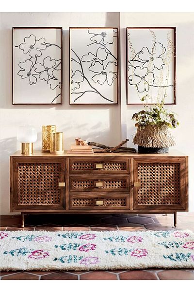 Wooden Factory Set de 3 picturi decorative cu cadru din lemn cu model de flori