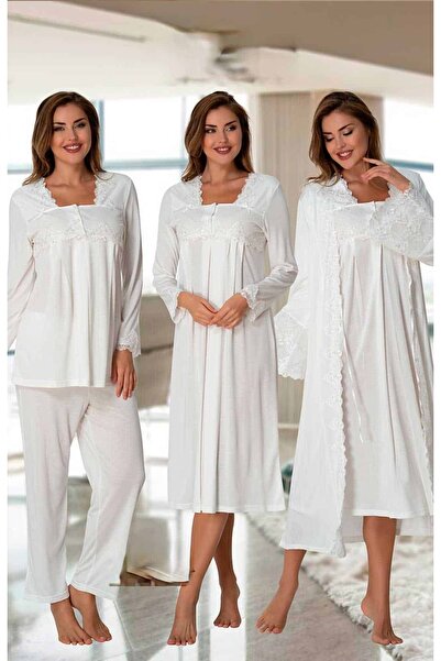 BLACKMORE Women's Ecru Lace Detailed Long Sleeve Dressing Gown 4-Piece Pajama...