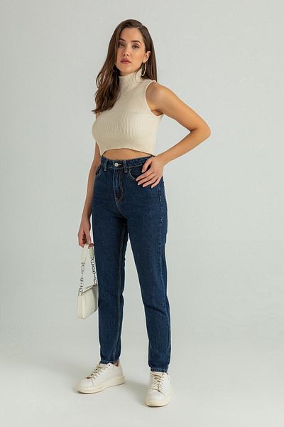 BROSERER Blugi Mom Boyfriend Chia Albastru închis Lycra cu talie înaltă