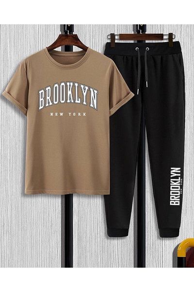 Keywest Детска бежова тениска с бял принт Brooklyn Черни спортни панталони Летен детски комплект
