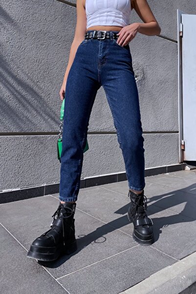 BROSERER Clara Dark Blue Mom farmerke s Sa likrom Visok struk Blue Mom Jeans ...