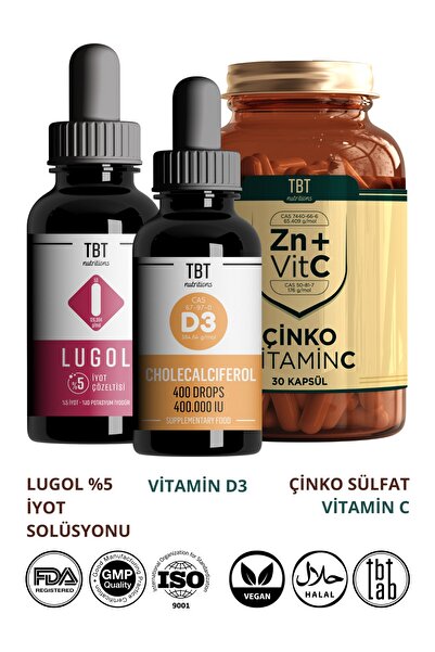 Tabitat Doğal Lugol %5 Iyot Solüsyonu - Çinko + Vitamin C Kapsül - Vitamin D3...