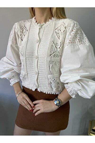 jöns since 1997 Kadın Düğmeli Kol Poplin Kısa Pamuklu Ekru Örgü Hırka