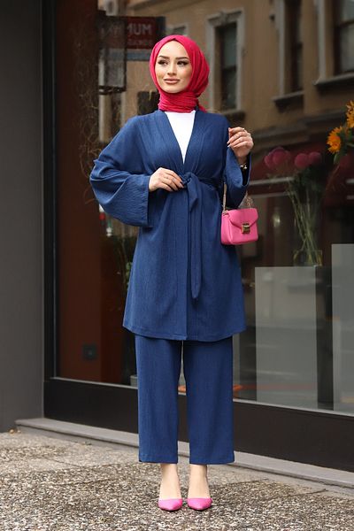 RamosWB Femei - Set kimono înfășurat cu pantaloni cu curea și jachetă