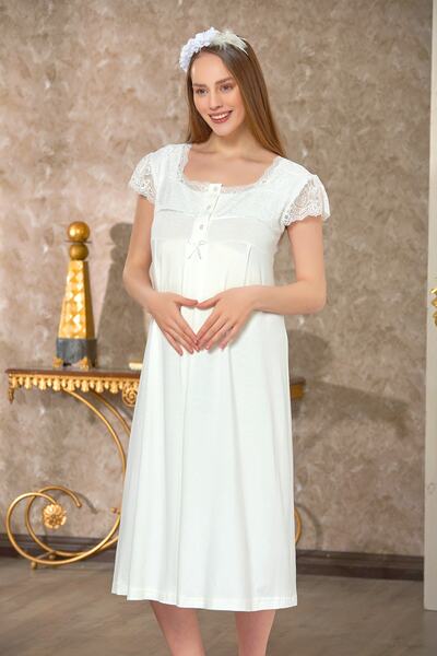 Emose Dantelli Lohusa Hamile Gecelik Ekru