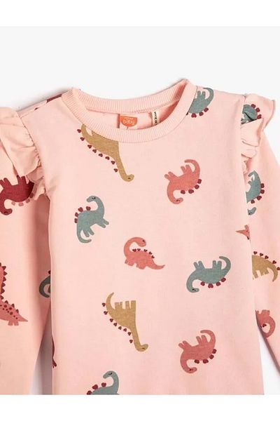Koton Baby Girl Sweatshirt Frilly Dinosaur Printed Crew Neck Long Sleeve Pink Patterned