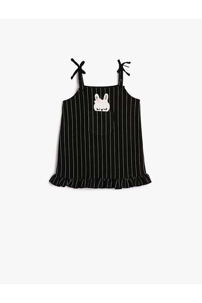 Koton Baby Girl Dress Strap Rabbit Applique Detailed Pocket Ruffle BLACK