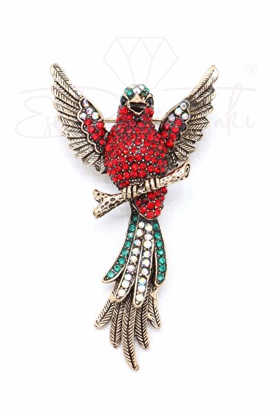 Esra Pamir Kırmızı Yeşil Zirkon Taşlı Zümrüdü Anka Kuş Broş