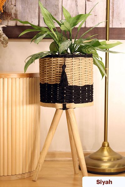 Monchi 46cm Wide Black Jute Braided Wicker Basket - Wooden Flower Pot