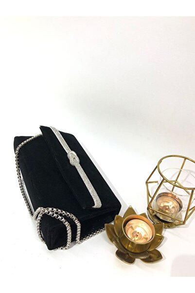 Piedra Black Suede Evening Bag with Rhinestones and Magnetic Cover - with Hand and Shoulder Strap
