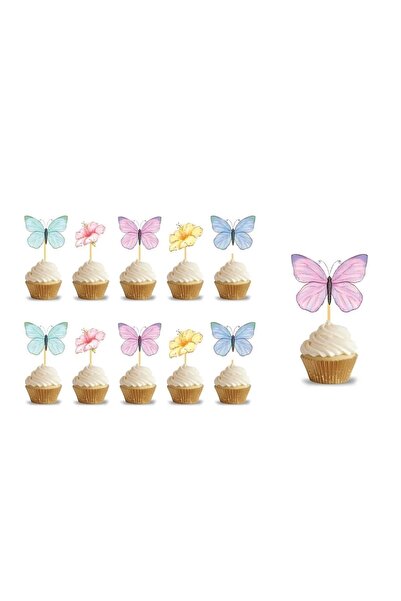 aşkın concept Pastel Renk Kelebek Pasta Cupcake Kürdan Soft Kelebekler 10lu