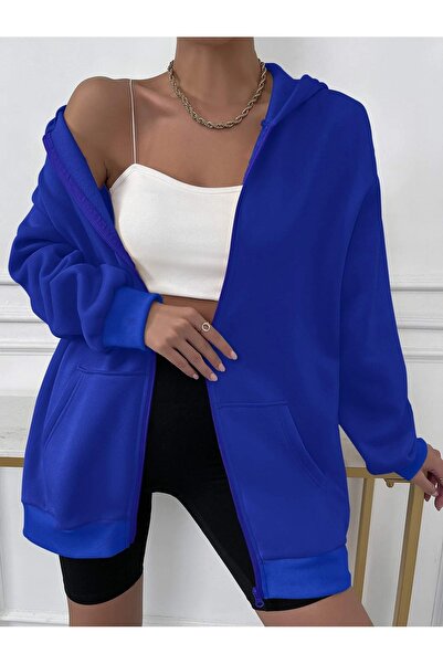 Adrift Unisex Renkli Oversize Kapüşonlu Fermuarlı Hırka