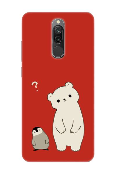 frondcase Redmi 8 Penguen Ve Ayıcık Kırmızı Telefon Kılıfı