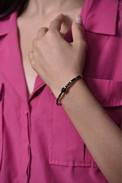 TÜKKAN ACCESSORİES SİYAH YILAN FİGÜR ZİRKON TAŞ YAYLI KELEPÇE ÇELİK BİLEKLİK-...