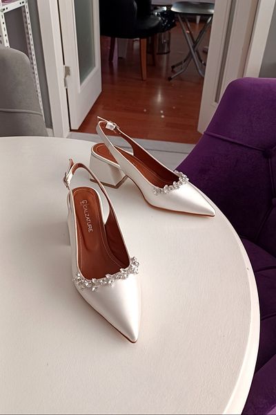 LA CALZATURE Pearl Satin 6cm Thick Heeled Accessory Stone Detailed Evening Dress Women's Heeled Shoes