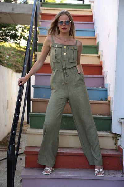 moda caddesi Lace-up Waist Strap Button Detailed Jumpsuit