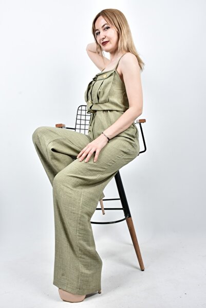 moda caddesi Lace-up Waist Strap Button Detailed Jumpsuit