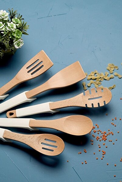 Pink&More Leora 6 Piece Silicone Serving Set with Stand and Wooden Handle