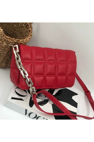 CuCu Bag's Geantă de damă rosie matlasata patrata brodata