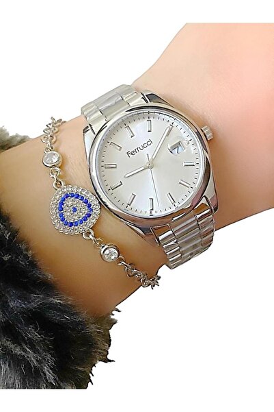 Ferrucci 1.Sınıf Çelik Takvimli Kadın Kol Saat+Bileklik 2 Yıl Garantili