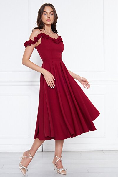 NO48 Bordo Askılı Yaka Fırfır Detay Düşük Omuz Dokuma Dökümlü Kumaş Midi Boy ...