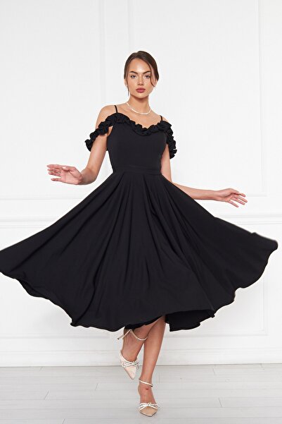 NO48 Rochie de absolvire și de seară, cu bretele negre, cu detaliu de volan, țesătură fluidă, țesătură fluidă.