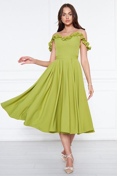 NO48 Pistachio Green Hanging Neck Ruffle Detail Off-Shoulder Draped Fabric Midi Length Graduation and Evening Dress