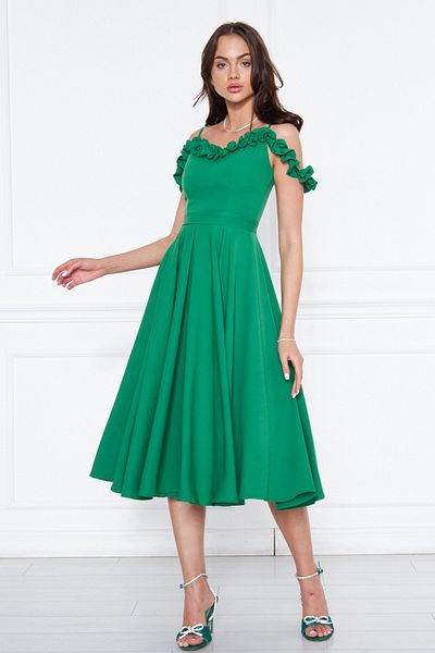 NO48 Green Hanging Neck Ruffle Detail Off-Shoulder Woven Draped Fabric Midi Length Graduation And Evening Dress