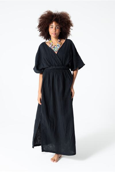 RUBYSTARS SİYAH SIRT DETAY YIRTMAÇLI BELDEN BÜZGÜLÜ MÜSLİN SALAŞ ELBİSE