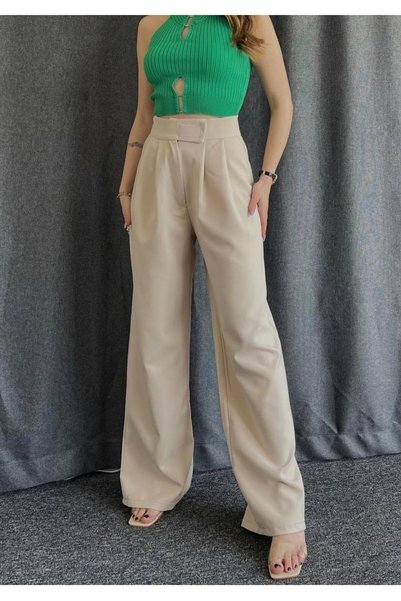 LAMİRA Neva Velcro Coated Beige Trousers Wide Leg Trend Life