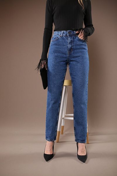 BROSERER Blugi de damă Mila, culoare albastru închis, cu talie înaltă Mom Fit Lycra