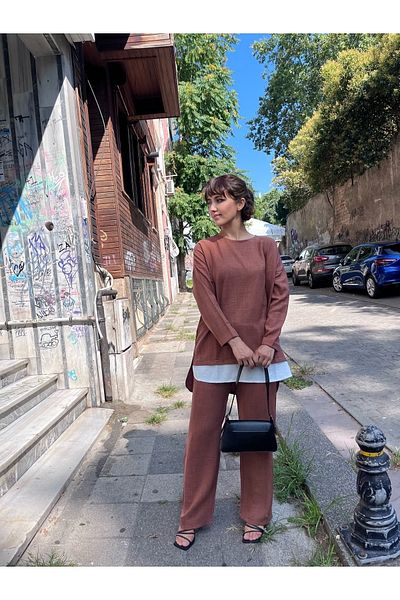 soBasic Set dublu tunică și pantaloni garniți de culoarea gâtului roșu - maro