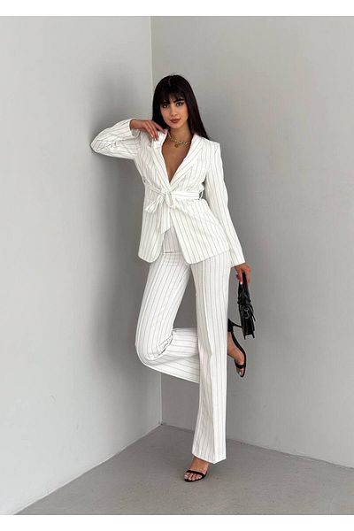 han fashion Felköthető csíkos műzseb, öves kendőgallér Blézer dzseki csőszár, rugalmas nadrágkosztüm