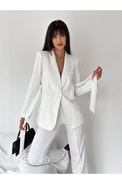 han fashion Bağlamalı Çizgili Sahte Cepli Kemerli Şal Yaka Blazer Ceket Boru Paça Esnek Pantolon Takım Elbise