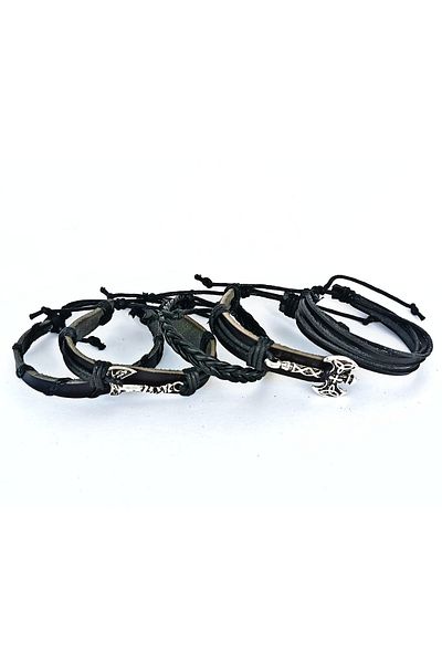 BSN Store Viking Thor Scandinavian Double Axe Figured 5-piece Genuine Leather Bracelet