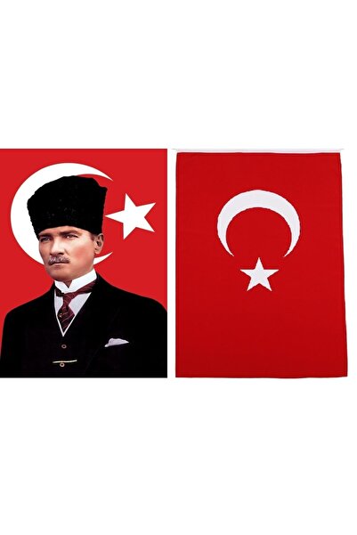 bayrakal Kalpaklı Atatürk Ve Türk Bayrağı 70105cm. Ata Bayrak Ikili Bayrak