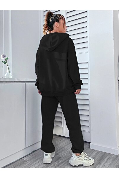 MODARİCH Oxford Hooded Combination Bottom-Top Tracksuit Set - Black Printed Oversize Elastic Legs
