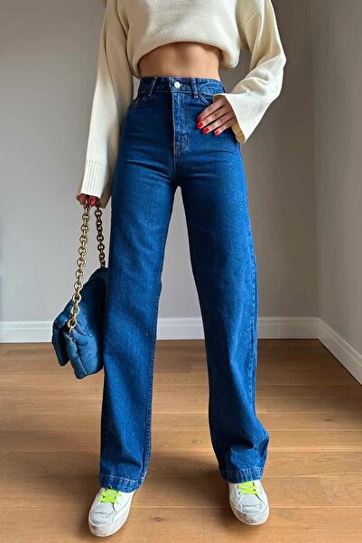 Livik Pantaloni de denim Palazzo din Lycra cu talie înaltă albastru închis, e...