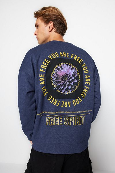 Trendyol Collection Indigo oversize/široký střih květinový zadní potištěný fleece uvnitř/teplá mikina Tmnaw23Sw00493