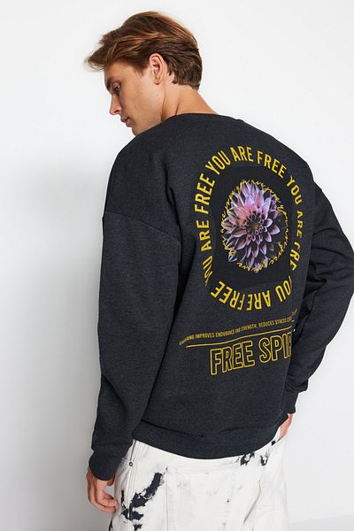 Trendyol Collection Φούτερ με φλοράλ στάμπα ανθρακί - Fleece, Keep Warm TMNAW23SW00493