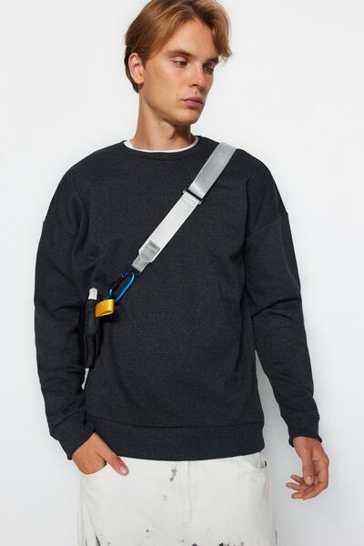 Trendyol Collection Антрацитовий світшот з квітковим візерунком оверсайз фліс теплий TMNAW23SW00493