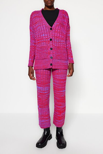 Trendyol Collection Széles szabású, lila színátmenetes kötöttáru kardigán és nadrág szett - TWOAW24AU00054