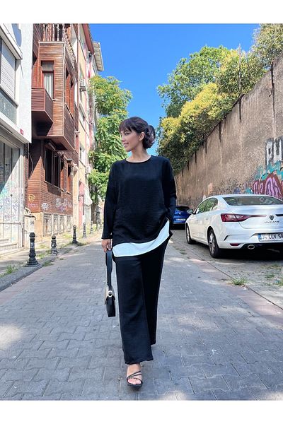 soBasic Set dublu tunică și pantaloni garniți de culoarea gâtului roșu - negru