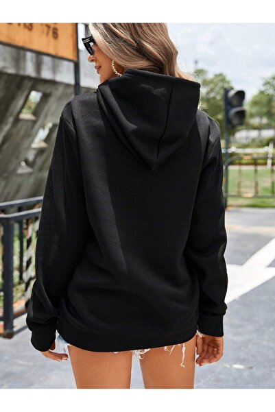 mercoledi Fermuar Sevimli Kedi Baskılı Ünisex Siyah Kapüşonlu Oversize Sweatshirt